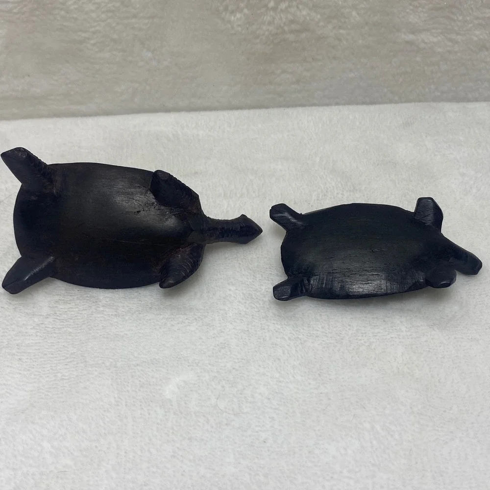Set of Two Wooden Momma & Baby Turtles Figurines Hand Carved Dark Wood Farm